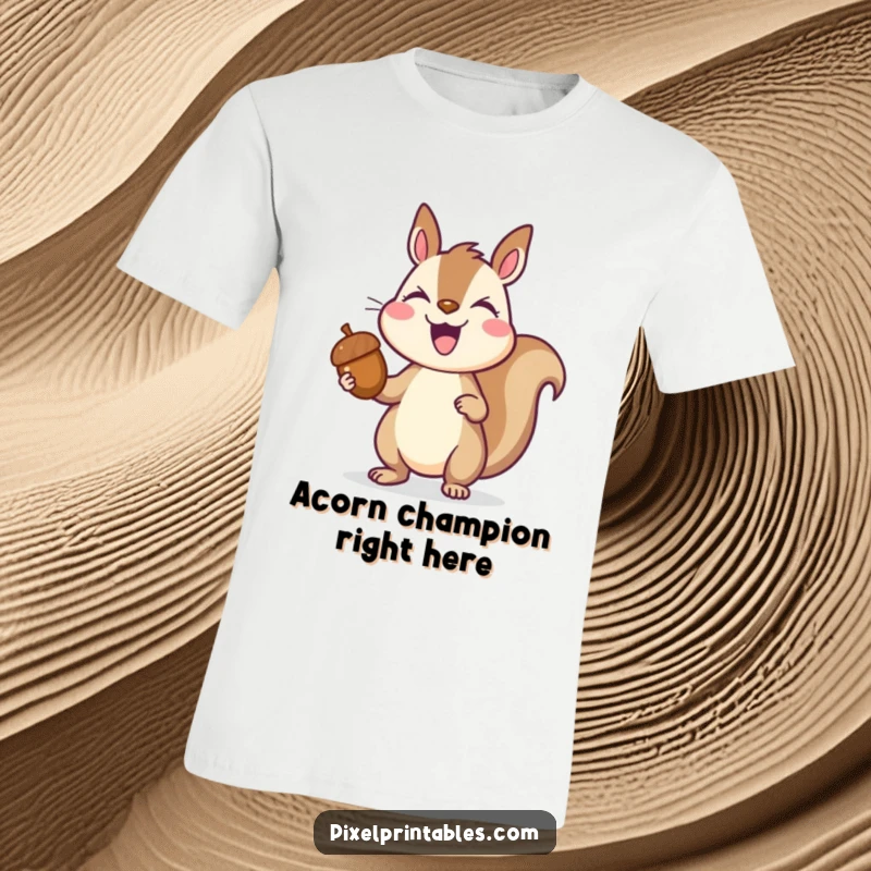 Funny pixelated squirrel triumphantly holding a pixelated acorn, joyful gamer, retro pixel art design, comfortable graphic tee.