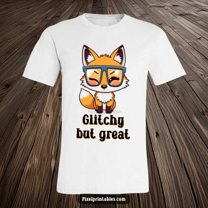 Funny Pixel Fox T-Shirt: A winking pixelated fox wearing pixel glasses, exuding cool retro confidence and gamer vibes.