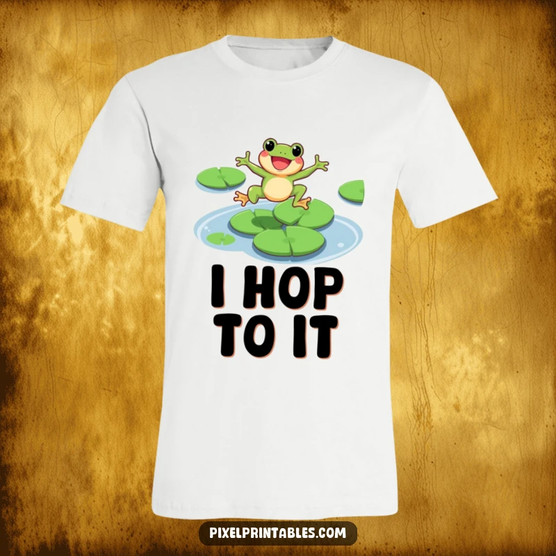 Funny pixel frog character in mid-leap over lily pads, presented on a t-shirt, retro 8-bit.