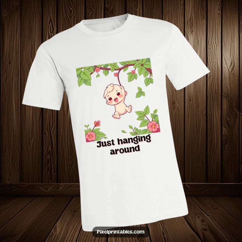 Funny T-Shirt: A character joyfully swings from a vine, depicting pure fun and adventurous spirit, a fantastic funny gift choice.