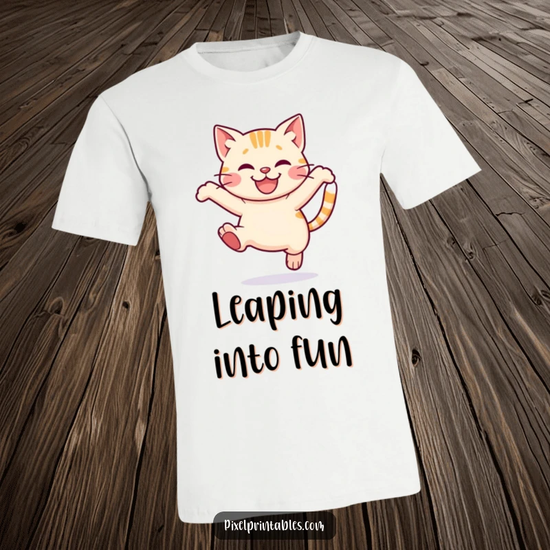 Funny Pixel Cat T-Shirt: Adorable pixelated cat mid-leap with a smile, cute pixel art graphic.