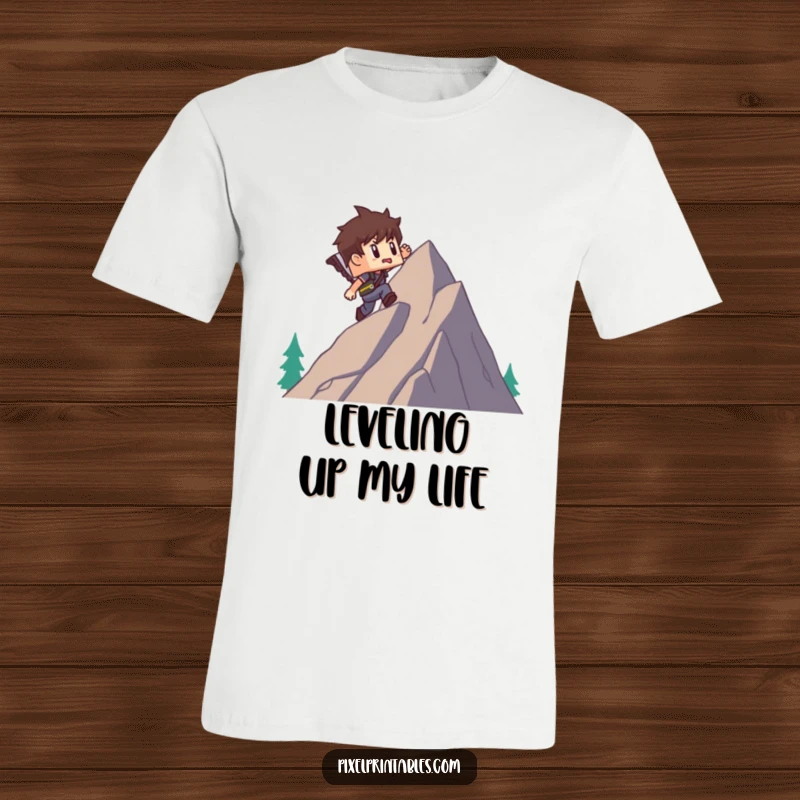 Funny t-shirt showcasing a determined blocky pixel adventurer character climbing a pixel mountain, embodying a funny struggle and triumph.