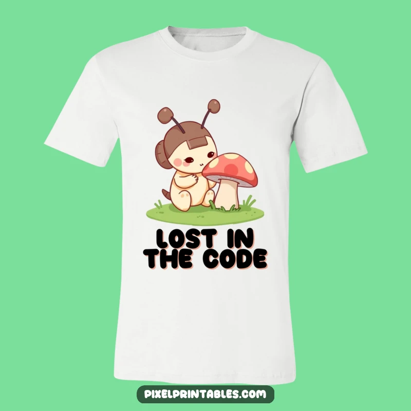 Funny Pixel Mushroom Tee: Curious Character Exploring Retro Gaming World Shirt