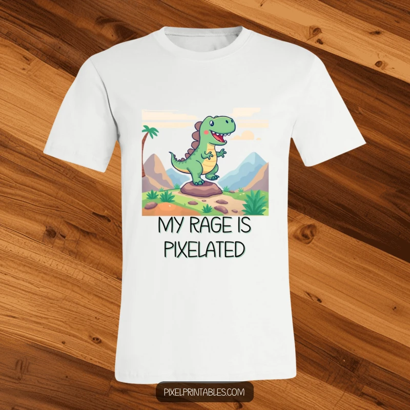 Funny t-shirt showcasing an ecstatic pixelated dinosaur mid-stomp in a retro game landscape, perfect for gamers.