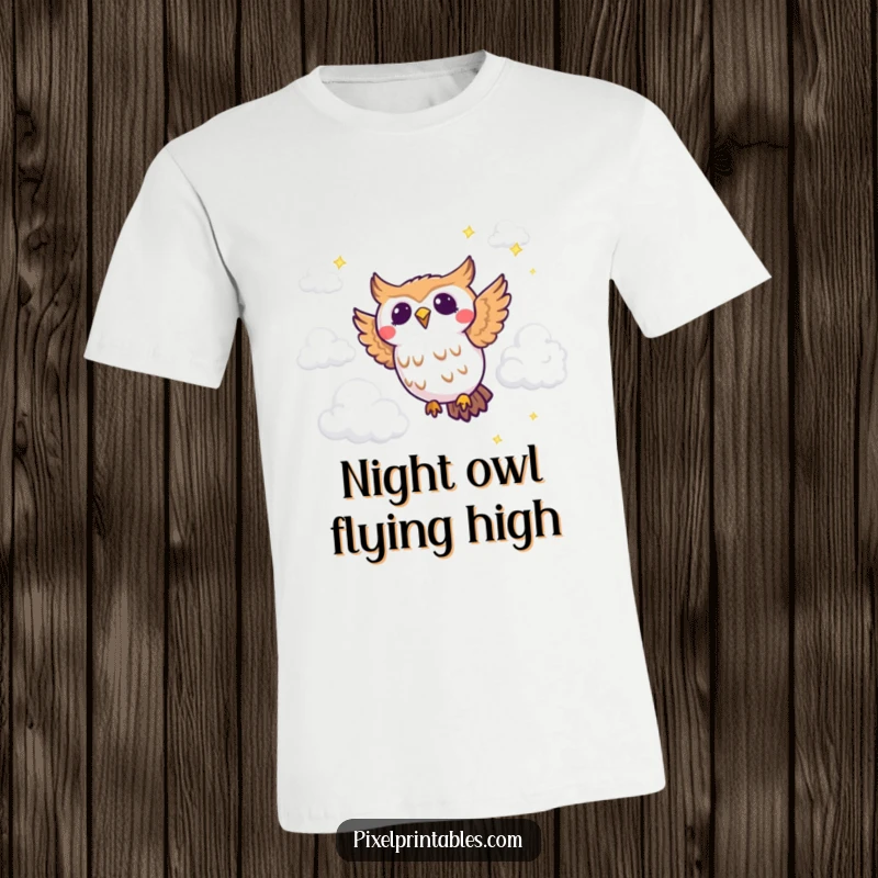 Funny pixel owl t-shirt with a joyous pixelated owl soaring through pixel clouds, celebrating retro gaming and flight.