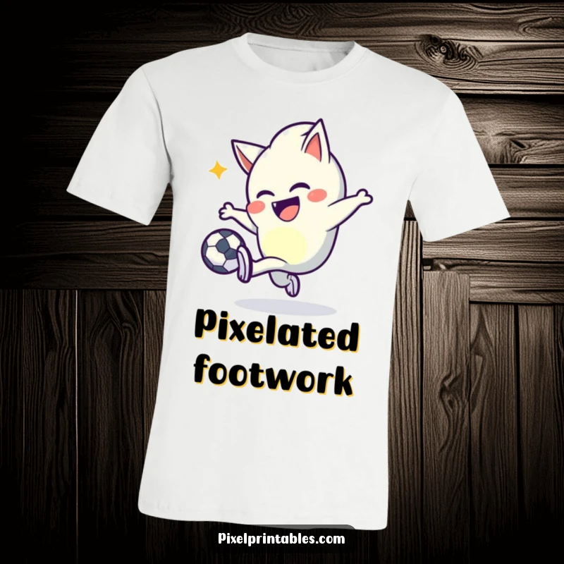 Funny pixel kicker t-shirt featuring a mischievous character with pointed pixels joyfully kicking a pixel ball, radiating fun.