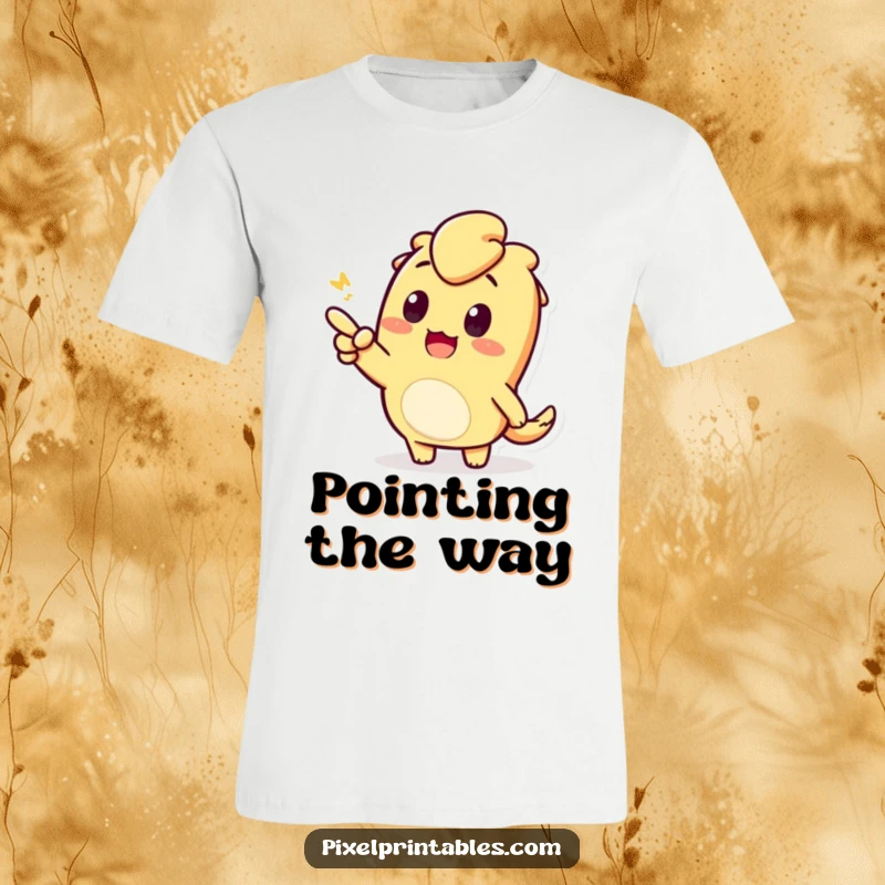 Funny t-shirt featuring an enthusiastic, pixelated character pointing excitedly. Ideal for expressing curiosity and discovery.