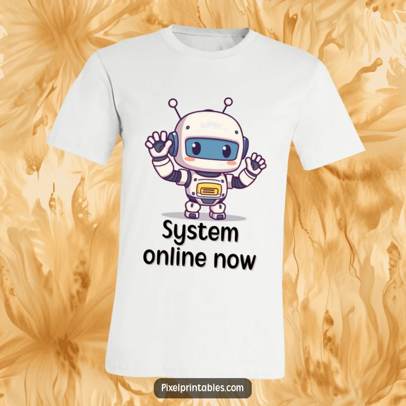 Funny Pixel Robot T-Shirt: Adorable pixelated robot waving with a big smile, pixel art graphic tee.