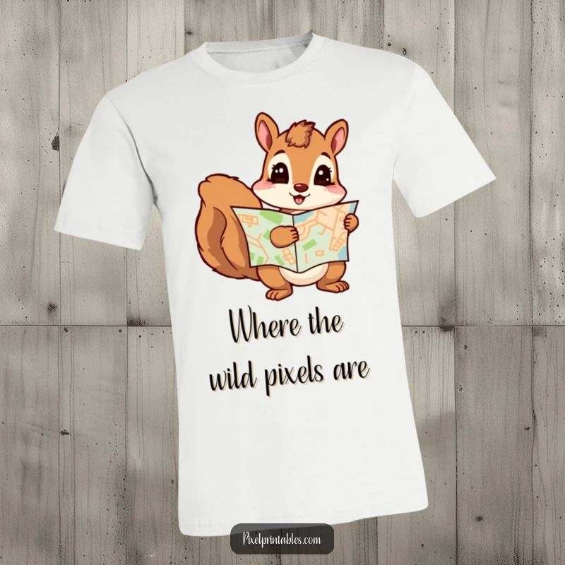 Funny curious squirrel holding a pixelated map, ready for adventure. Great funny gift for techies and nature lovers.