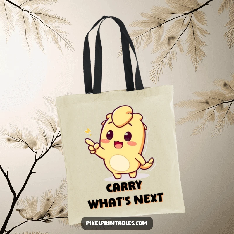 Funny tote bag with a pixelated character pointing enthusiastically. Great for carrying essentials and sparking interest.