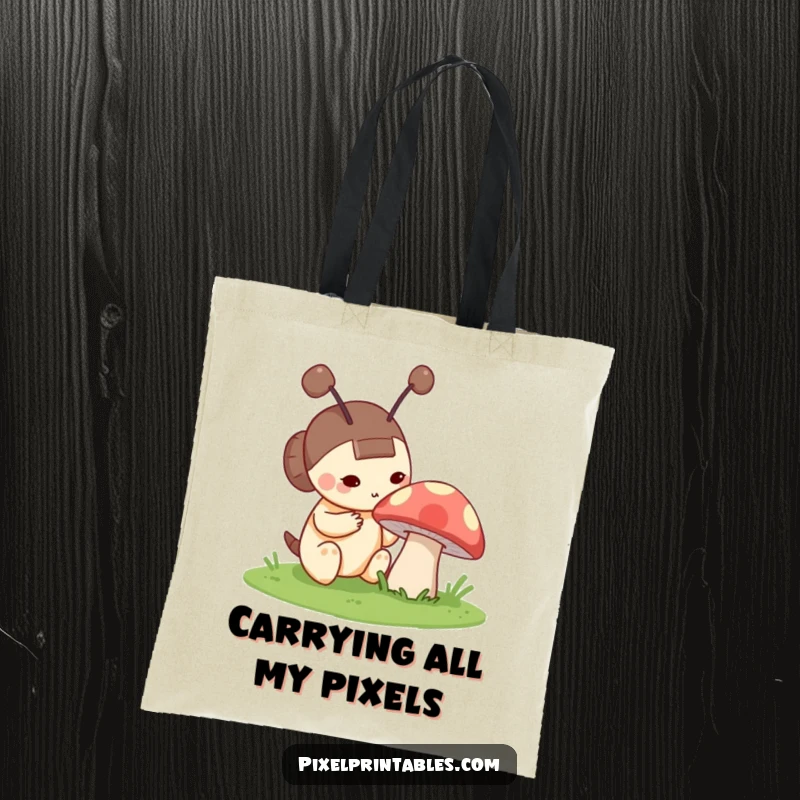 Funny tote bag designed with a curious pixel character with blocky antennae examining a pixelated mushroom, ideal for carrying books or groceries.