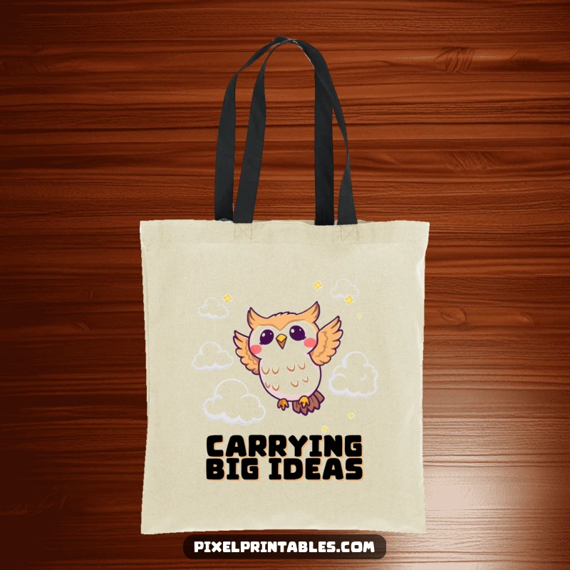 Funny pixel owl tote bag with a joyous pixelated owl flying through pixel clouds, ideal for stylish retro carrying.
