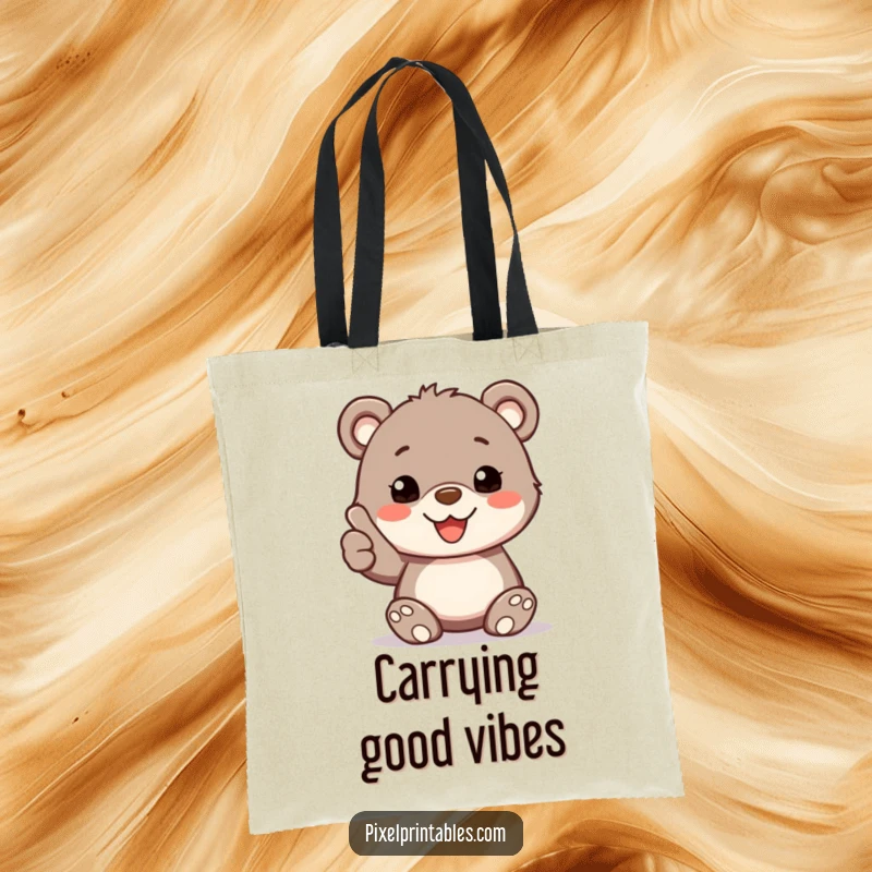 Funny Tote Bag: A happy bear cub with pixelated fur gives a thumbs up, ideal for carrying essentials with charm.
