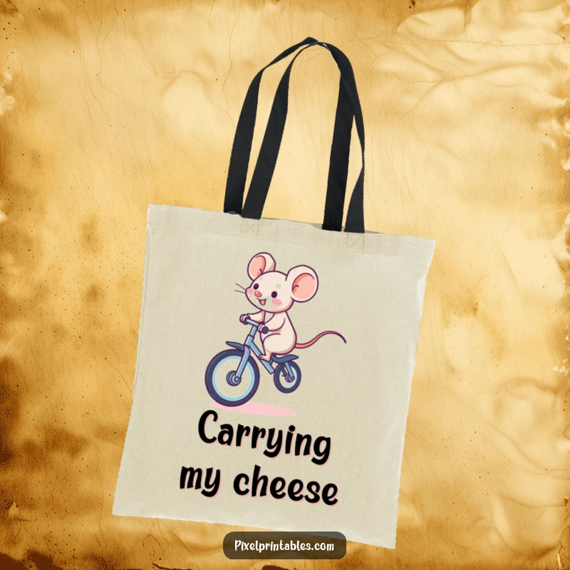 Funny tote bag featuring a giggling pixelated mouse riding a pixelated unicycle, perfect for carrying essentials with retro flair.
