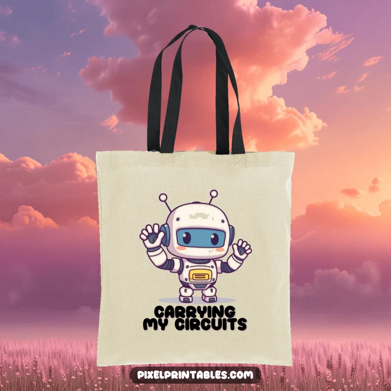 Funny Pixel Robot Tote Bag: Cute pixelated robot with a happy waving hand, retro pixel art design.