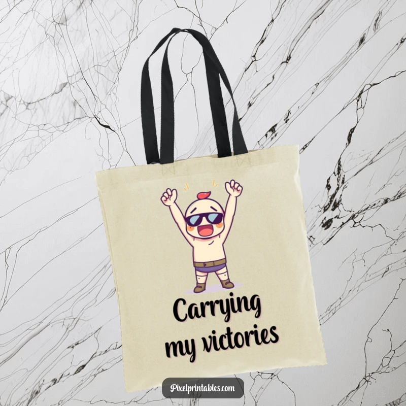 Funny Pixel Art Victory Tote Bag, a pixelated character in a triumphant pose, ideal for carrying gaming essentials.