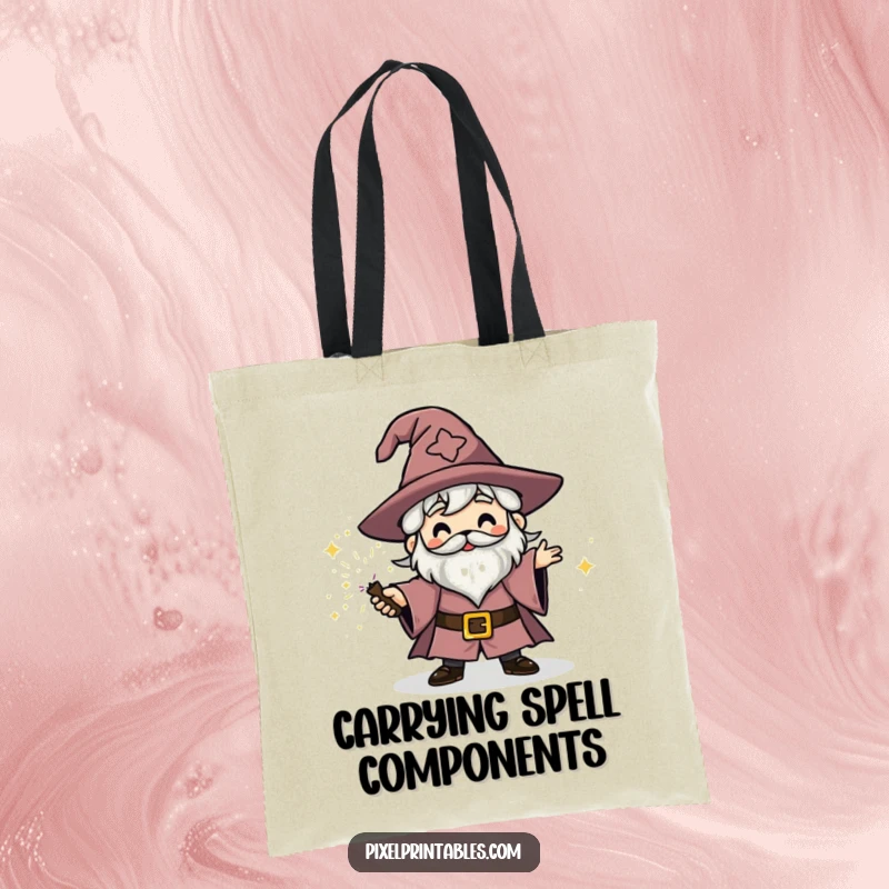 Funny blocky wizard character casting a sparkly spell, practical tote bag, fantasy pixel art.