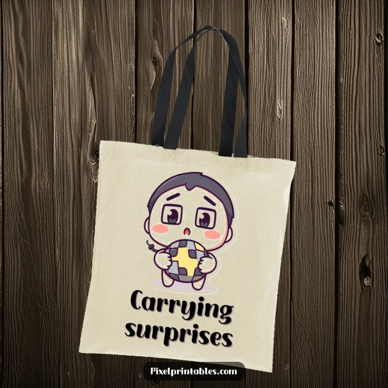 Funny pixel bomb tote bag showing a surprised character with wide square eyes holding a pixelated bomb, ideal for carrying items.