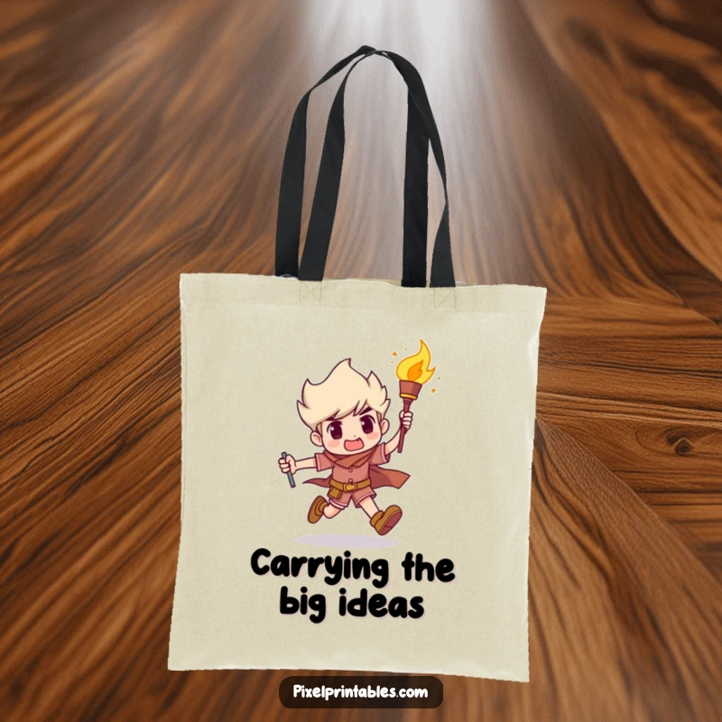 Funny Tote Bag: Determined character runs with a torch, symbolizing effort and humor, great for everyday use and as a funny gift.