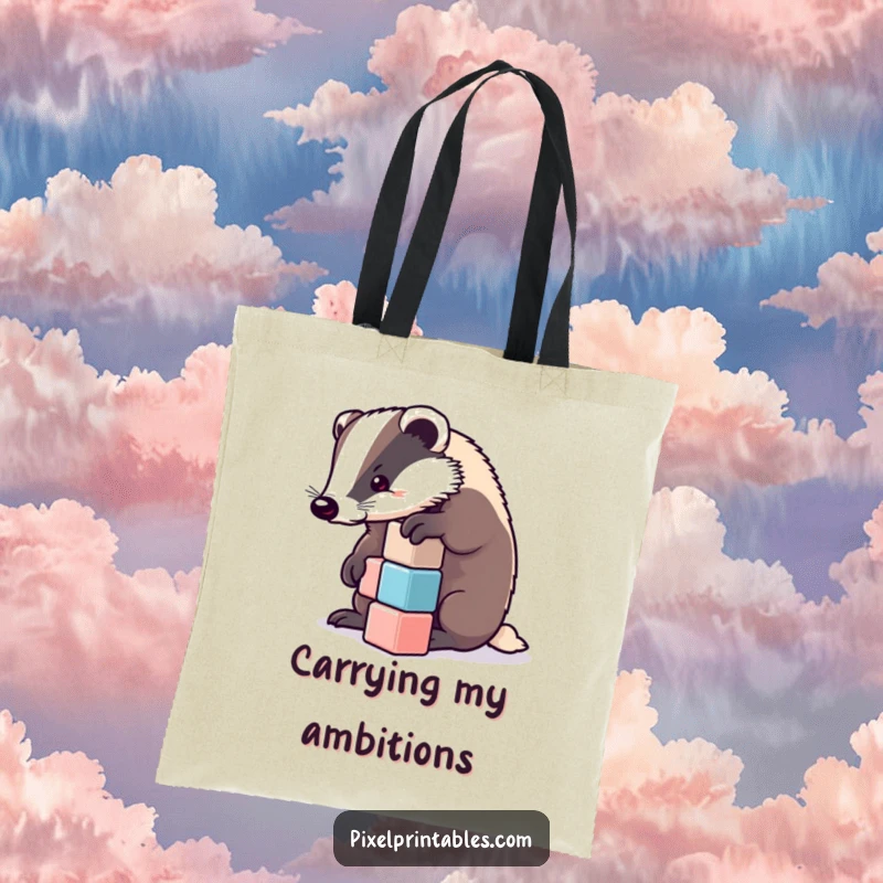 Funny badger stacking pixelated cubes, organized tote bag. Humorous and practical funny gift.