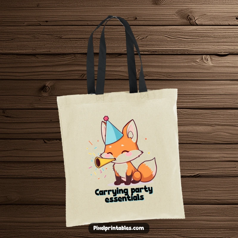 Funny Tote Bag: A cute fox wearing a party hat blows a confetti horn, perfect for carrying party supplies.