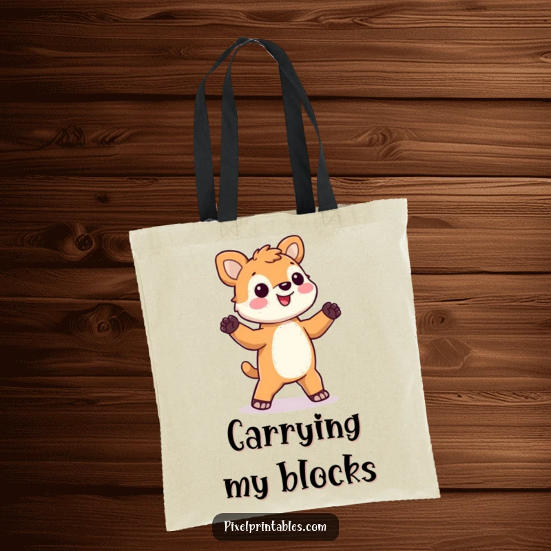 Funny pixel animal tote bag with a happy, blocky animal dancing energetically, ideal for shopping and carrying items.