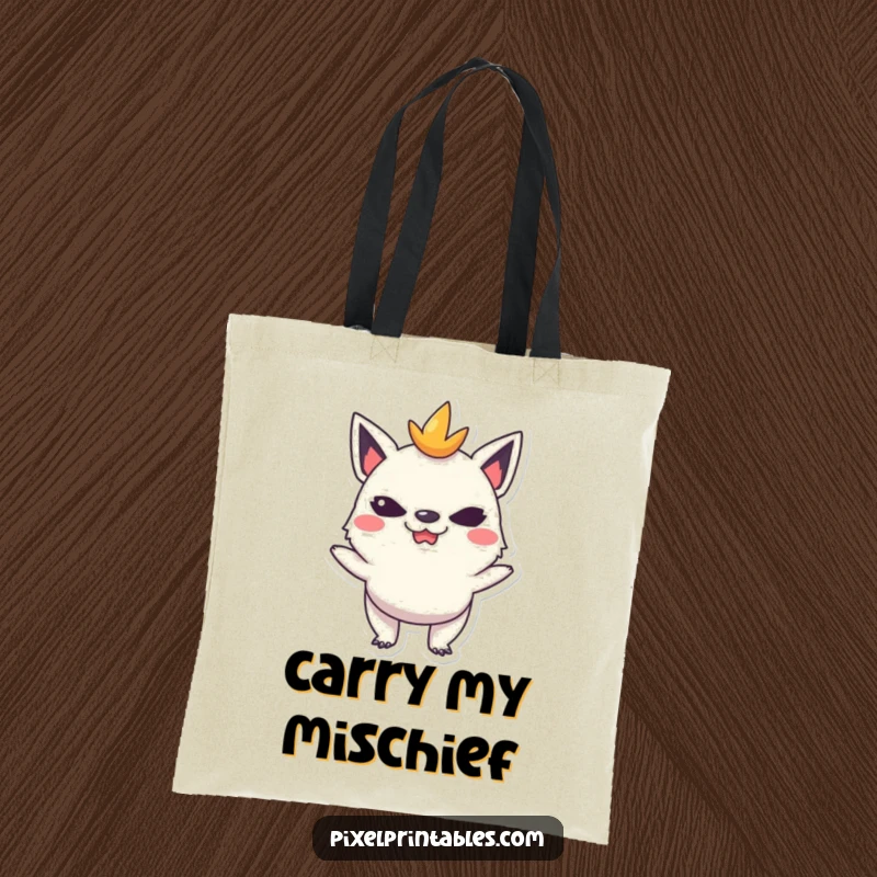 Funny tote bag with a mischievous pixelated creature making a funny face, ideal for shopping or carrying daily items.