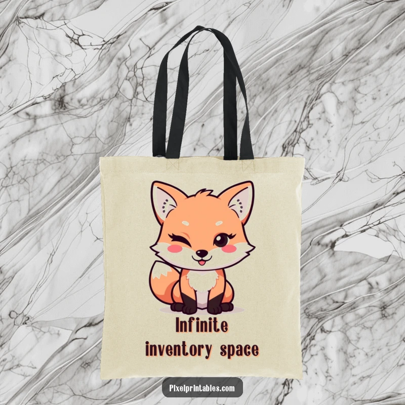 Funny Pixel Fox Tote Bag: A mischievous pixelated fox winks playfully, perfect for carrying essentials with retro gamer humor.