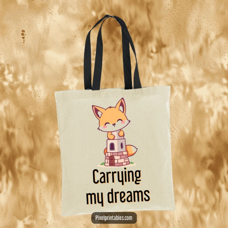 Funny pixelated fox building a tiny pixelated tower on a tote bag, a retro gaming design for carrying tools and treasures.