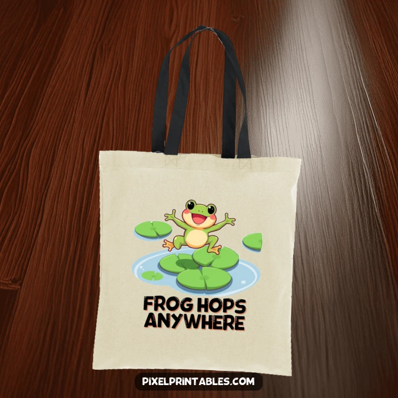 Funny pixel frog character happily jumping across lily pads, practical tote bag, retro pixel art.