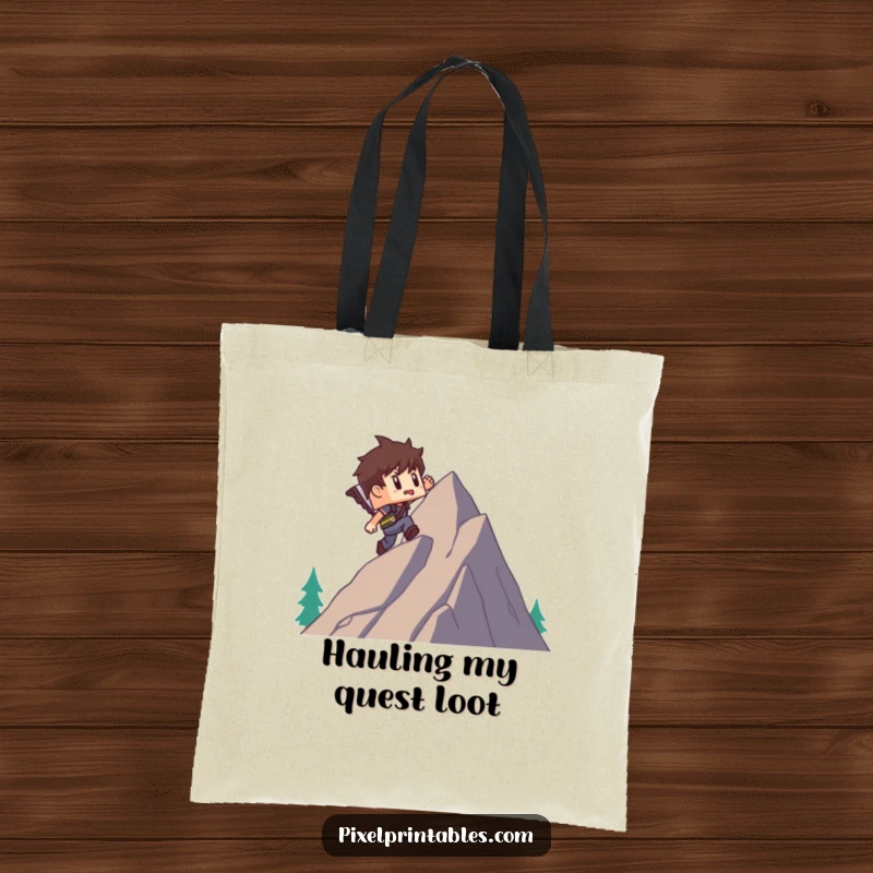 Funny tote bag featuring a blocky pixel adventurer character conquering a pixel mountain, ideal for a funny, practical, and adventurous accessory.
