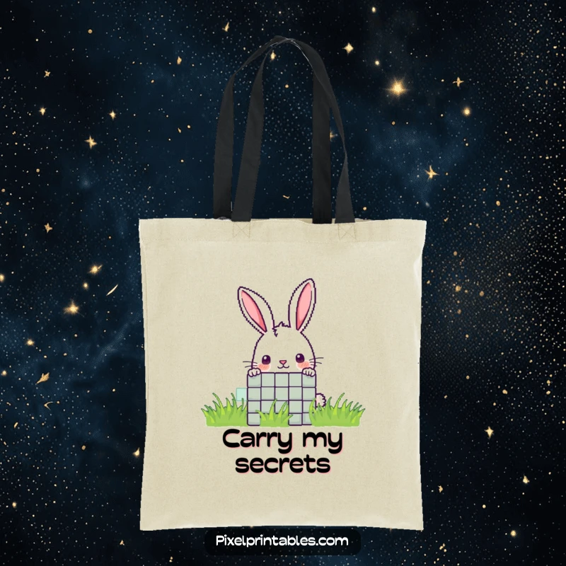 Funny pixel rabbit tote bag with a curious pixelated rabbit peeking from behind a pixel, ideal for stylish carrying.