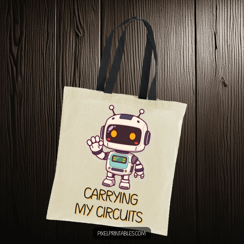 Funny Pixel Robot Tote Bag showing a cute, happy, pixelated robot waving, perfect for carrying essentials with retro flair.