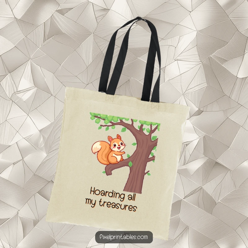 Funny Pixel Squirrel Tote Bag depicting a cheerful, pixelated squirrel climbing a pixelated tree, perfect for carrying essentials.