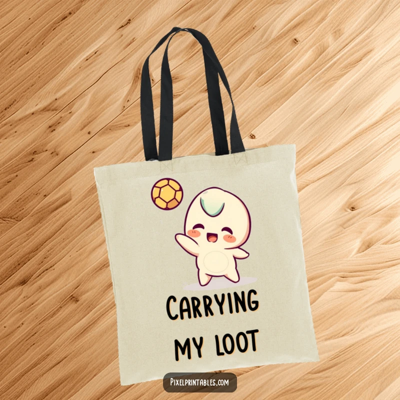 Funny pixel tote bag with a playful pixelated character tossing a small pixel ball, ideal for carrying everyday items.