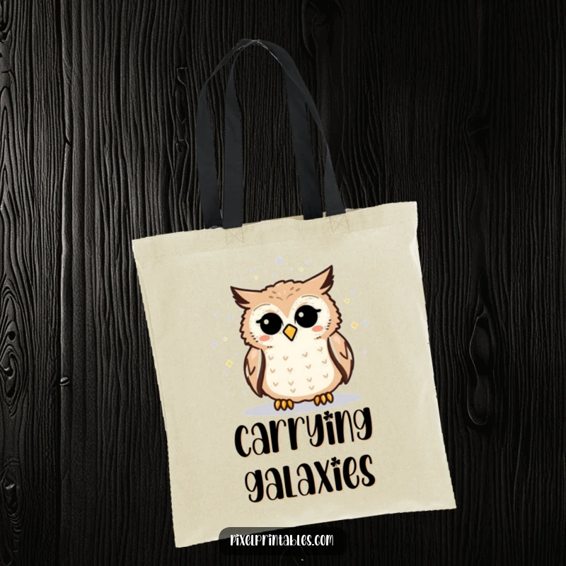 Funny pixelated owl tote bag depicting an owl engrossed in a pixelated star map, ideal for carrying treasures and dreams.