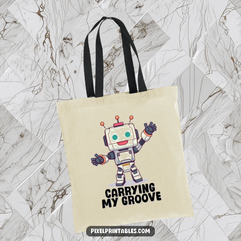Funny tote bag featuring a cute, blocky robot character performing a joyful dance, a charming accessory.