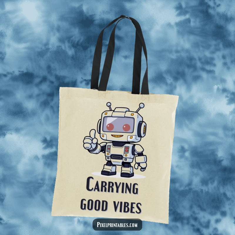 Funny tote bag with a friendly, blocky pixelated robot giving a thumbs up, perfect for humorous and practical carry.
