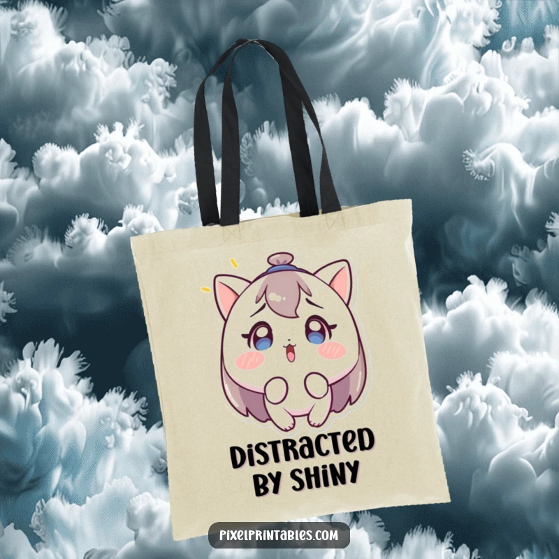 Funny tote bag featuring a character with a surprised look, staring at a blinking light, ideal for carrying essentials with a humorous touch.