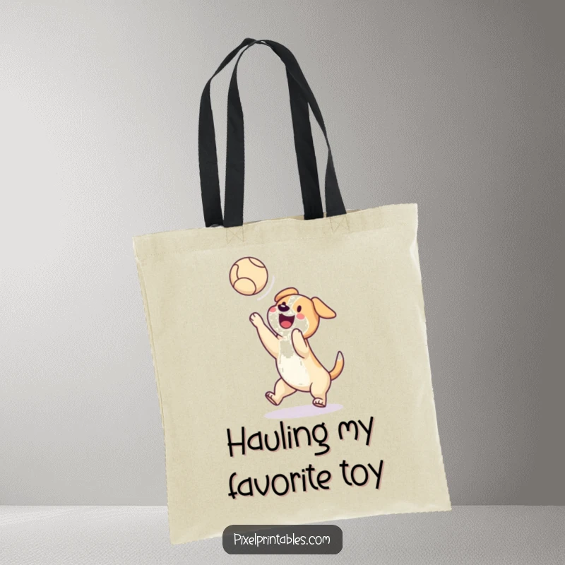Funny tote bag featuring a pixelated dog in the act of catching a pixelated ball mid-air, ideal for carrying goods with retro flair.