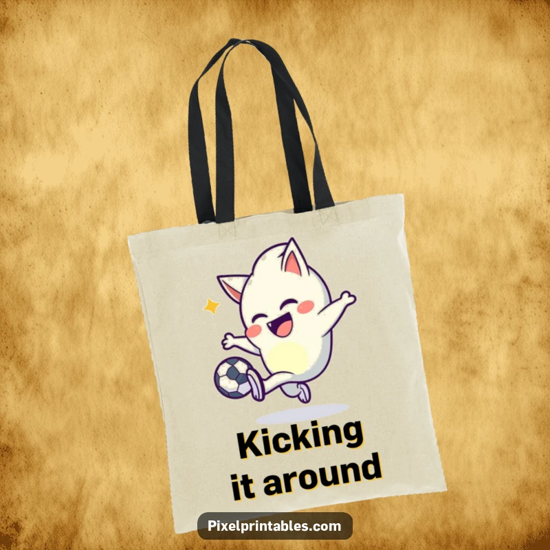 Funny pixel kicker tote bag showing a mischievous character with pointed pixels joyfully kicking a pixel ball, great for shopping.