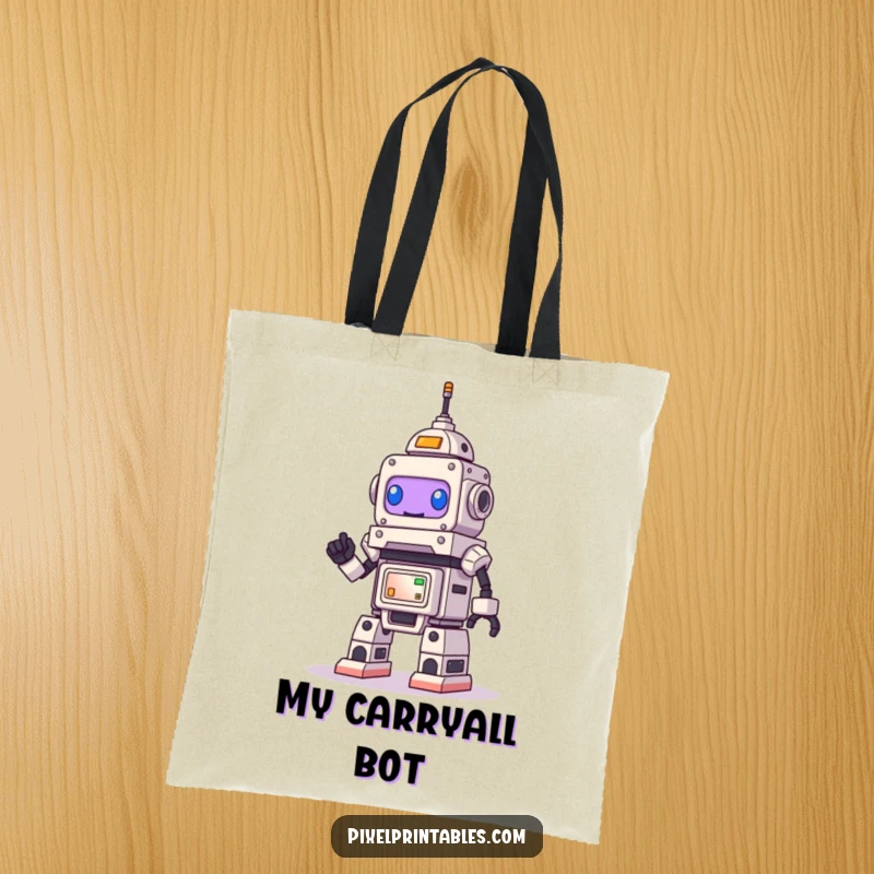 Funny Robot Tote Bag, a smiling bot constructing a pixel art tower, showing off creativity and a love for building.