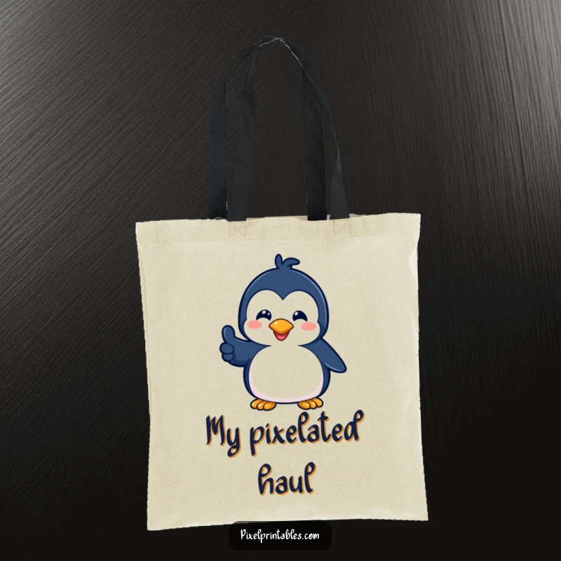 Funny tote bag featuring a playful pixelated penguin giving a pixelated thumbs up, perfect for carrying essentials with retro flair.