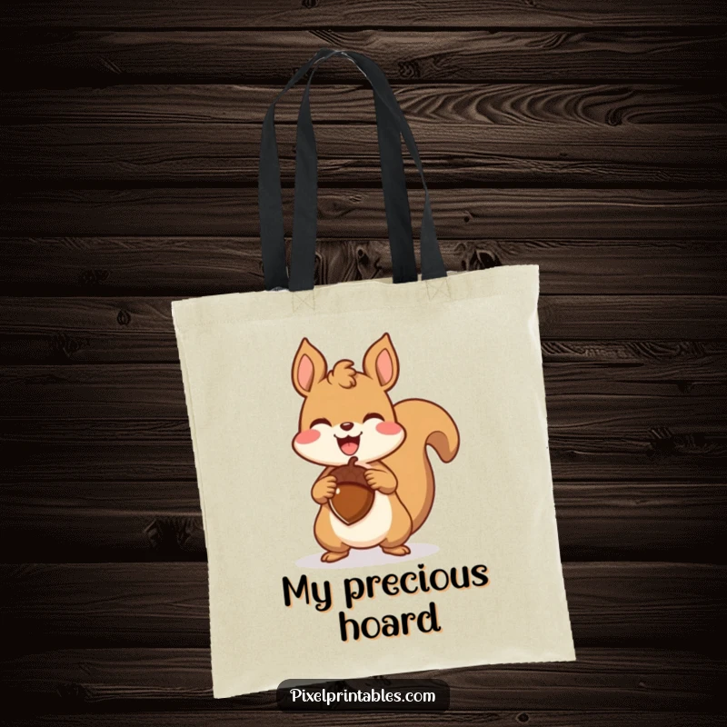 Funny pixelated squirrel triumphantly holding a pixelated acorn on a tote bag, a retro gaming design for carrying treasures.