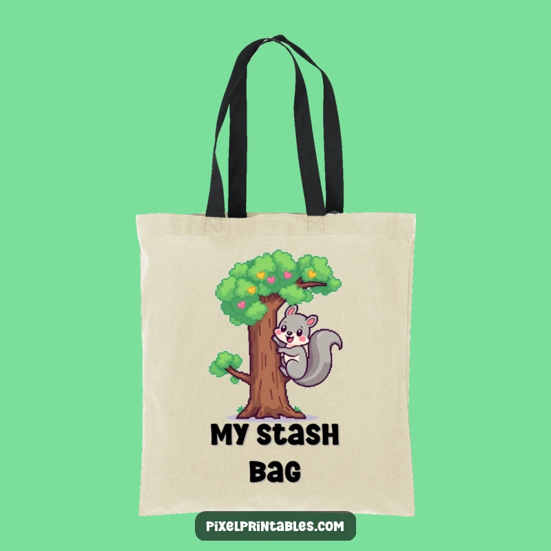 Funny Pixel Squirrel Tote Bag: Cheerful Climb Carry-All, Pixel Style
