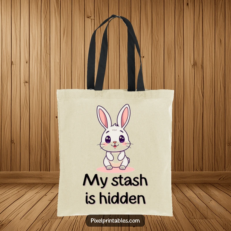 Funny pixelated rabbit peeking around a pixelated corner on a tote bag, a retro gaming design for carrying essentials with humor.