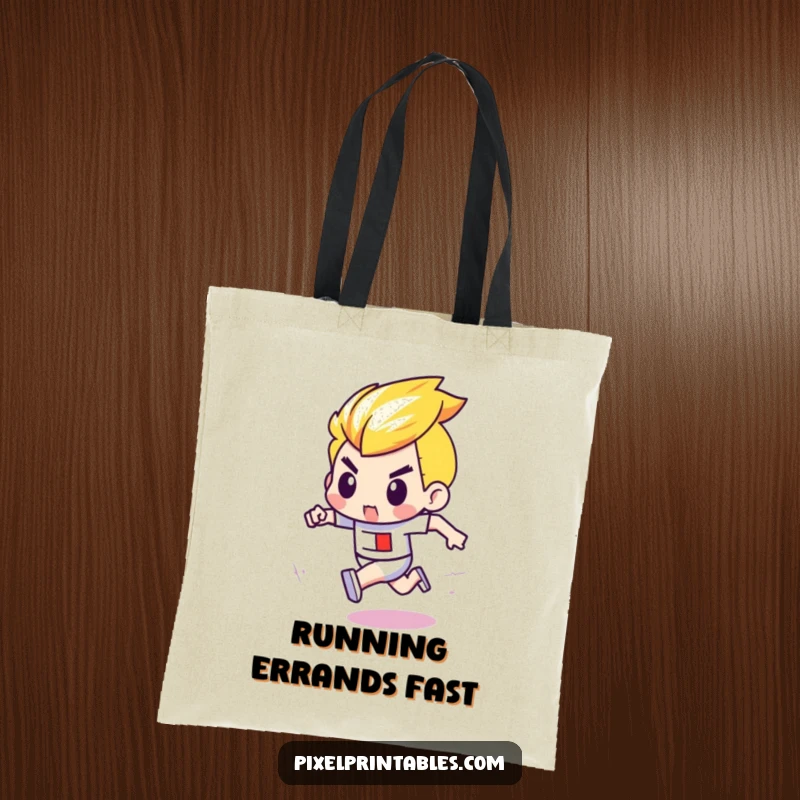 Funny tote bag showcasing a determined pixel character with bold outlines racing in a pixelated competition, designed for carrying anything.