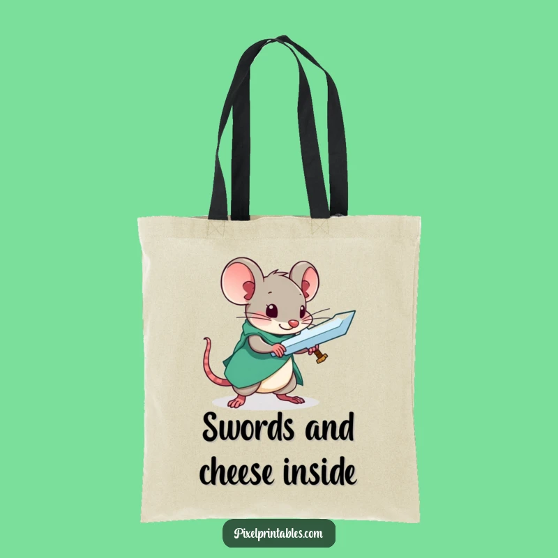 Funny Pixel Mouse Sword Tote Bag - Curious Crafter Carry-All